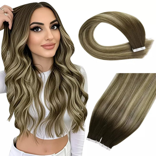 balayage brown with blonde hair extensions virgin tape in hair extensions