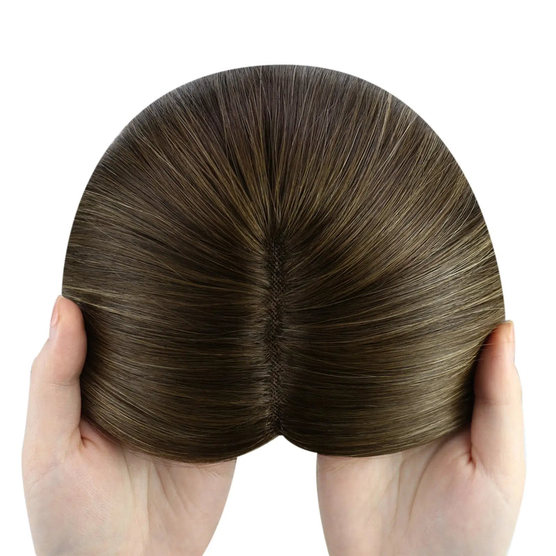 Load image into Gallery viewer, Straight human hair topper in balayage brown color (4/4/27), ideal for thinning hair coverage

