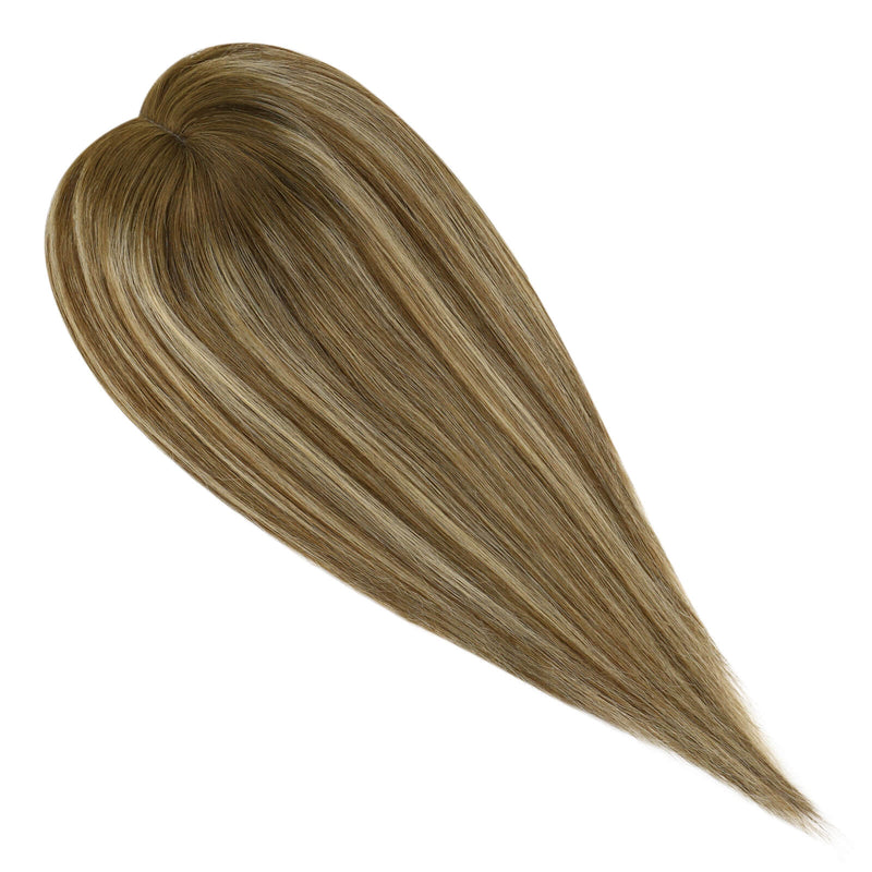 Load image into Gallery viewer, balayage brown with blonde highlights virgin human hair topper on a white background
