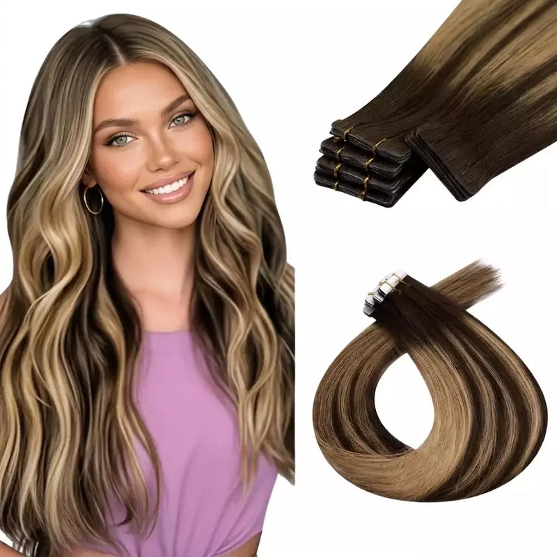 Load image into Gallery viewer, A woman with dark brown hair with blonde highlights and a close-up of hair extensions showing the invisible tape ins.

