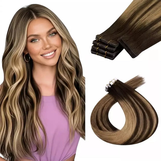 A woman with dark brown hair with blonde highlights and a close-up of hair extensions showing the invisible tape ins.