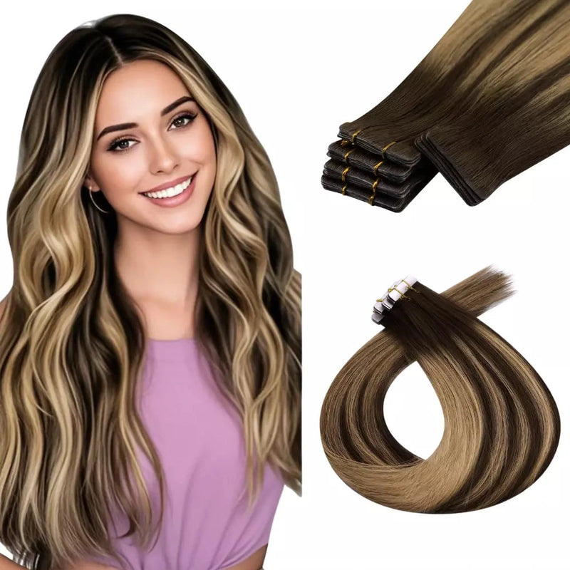 Load image into Gallery viewer, Moresoo medium brown balayage tape in extensions, natural balayage hair, invisible brown balayage extensions, seamless medium brown balayage, salon-quality balayage tape ins, high-quality balayage extensions, balayage tape in for brown hair, medium brown hair extensions, balayage hair with brown highlights, invisible tape ins for balayage hair, premium balayage extensions, 14-inch medium brown balayage tape in

