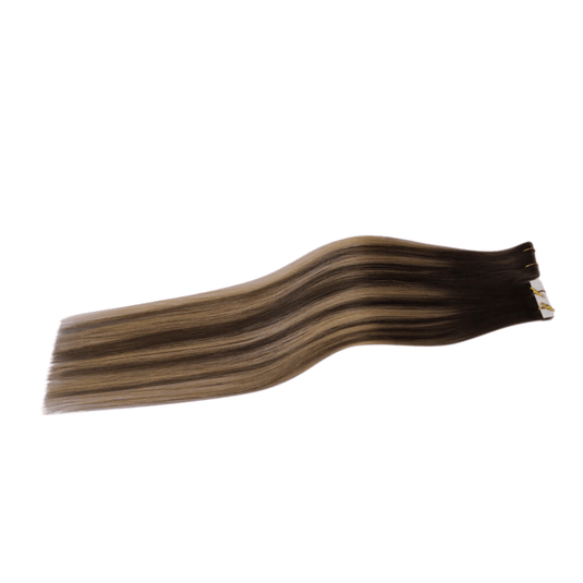 Moresoo brown balayage tape in, premium balayage tape ins, medium brown hair extensions, balayage tape in, seamless balayage hair, medium brown balayage tape ins, invisible tape in hair, high-quality medium brown balayage, luxurious balayage extensions, 16-inch medium brown balayage tape ins, salon-quality balayage tape ins, balayage hair extensions for brown hair