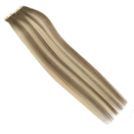 Moresoo light brown to blonde balayage highlights, 16-inch balayage tape ins, high-quality balayage hair extensions, seamless light brown blonde balayage, premium balayage tape ins, luxurious blonde balayage, natural light brown blonde balayage, invisible balayage highlights, smooth balayage extensions, salon-quality balayage hair