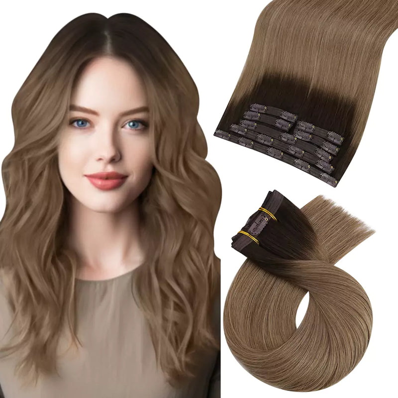 clip in virgin hair extensions balayage brown mix blonde color