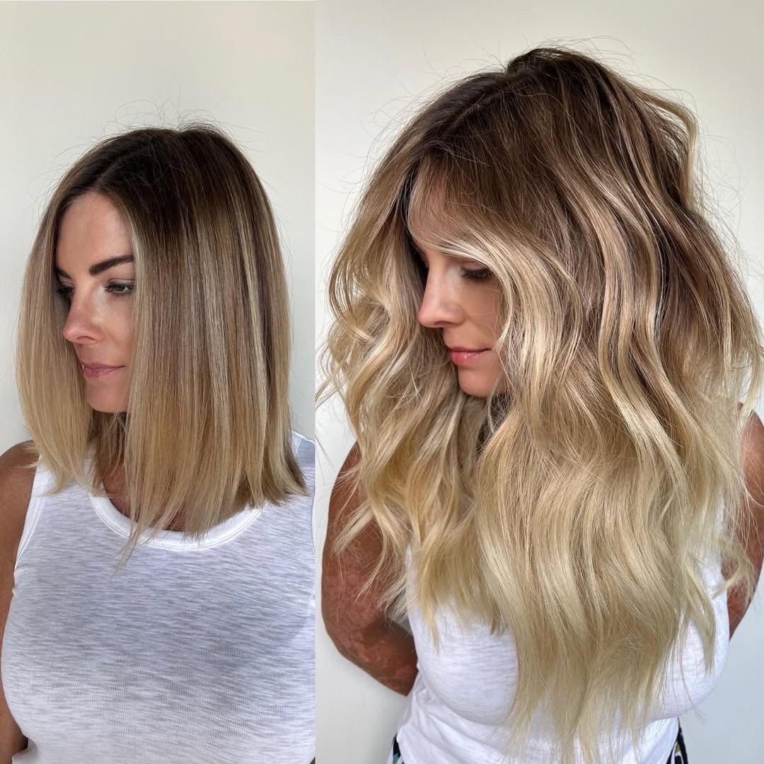 Side-by-side comparison of a woman with straight and wavy blonde hair.