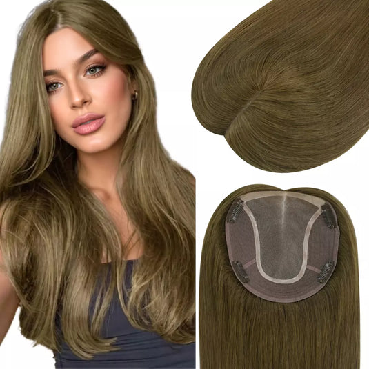 Woman with long hair and a close-up of a hair topper on a white background