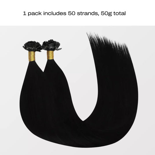 Keratin tip hair extensions on a white background, labeled '1 pack includes 50 strands, 50g total