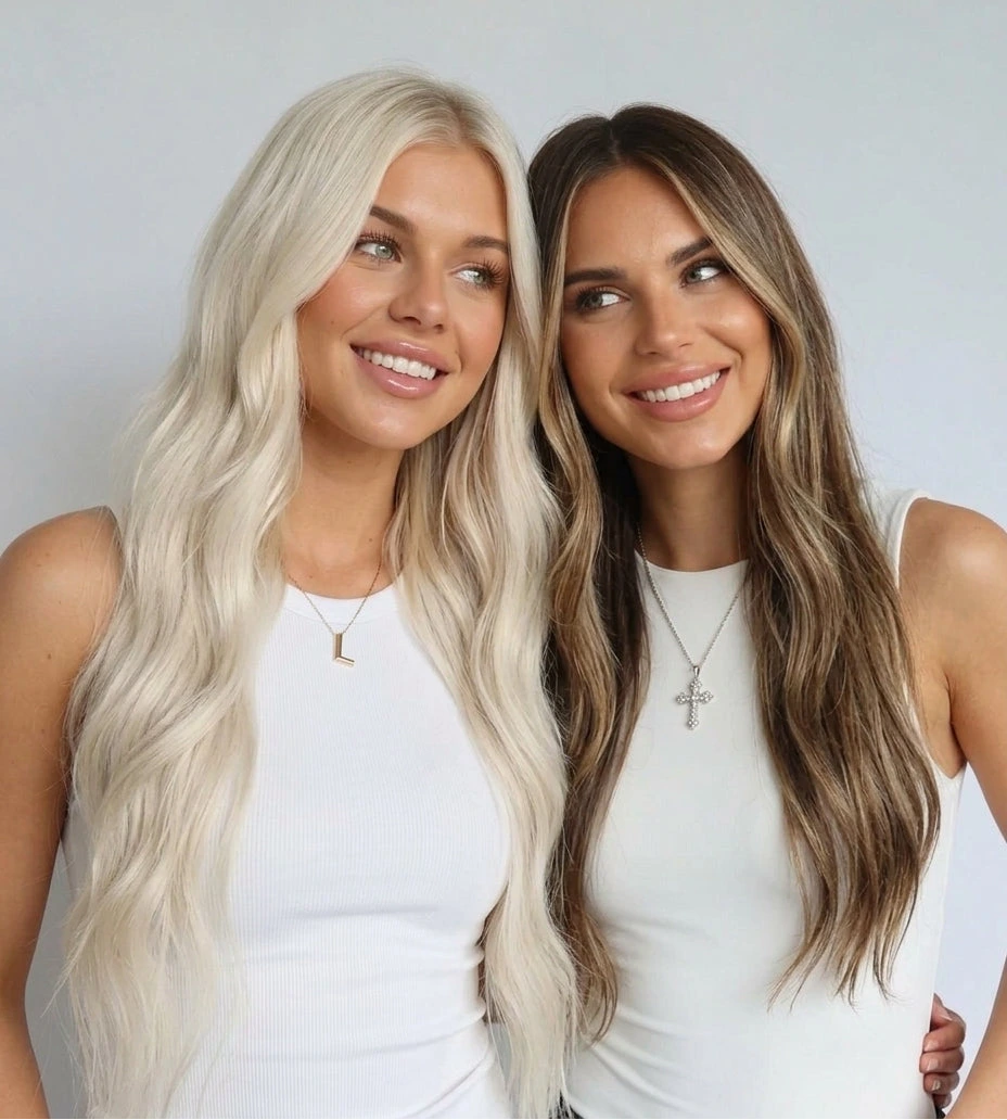 Two women with long hair wearing white tops against a plain background