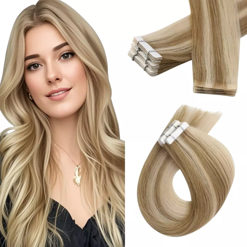 Load image into Gallery viewer, 20-inch blonde highlights tape in, high-quality pink tone blonde highlights, seamless blonde highlights tape in extensions, 22-inch blonde highlights hair, smooth blonde highlights tape in, invisible tape in extensions for blonde highlights, natural blonde highlights extensions

