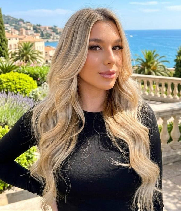 Woman with long blonde hair standing in a scenic outdoor setting with ocean and buildings in the background.