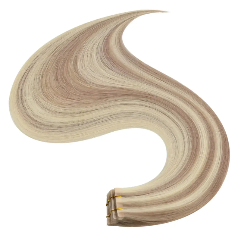 Load image into Gallery viewer, 24-inch blonde highlights hair extensions, 22-inch blonde highlights tape in, high-quality blonde highlights extensions, smooth blonde highlights tape in, blonde highlights with pink tones, invisible tape in blonde highlights hair, seamless blonde highlights extensions, 14-inch blonde highlights tape in
