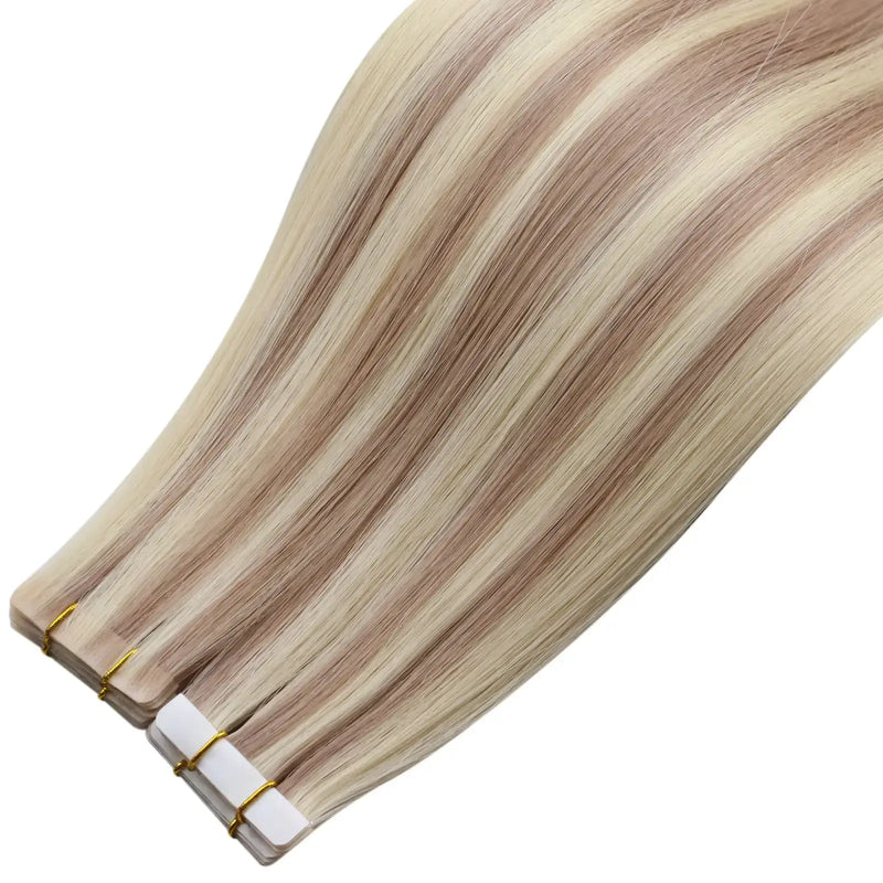 Load image into Gallery viewer, 18-inch blonde highlights tape in hair, 20-inch blonde highlights extensions, seamless blonde highlights tape in extensions, high-quality blonde hair with highlights, 24-inch blonde highlights tape in extensions, smooth blonde highlights tape in, natural blonde highlights hair extensions
