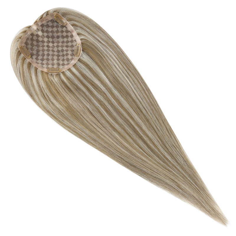 Load image into Gallery viewer, A straight, shoulder-length hair extension piece, featuring light blonde and beige highlights on a white background.
