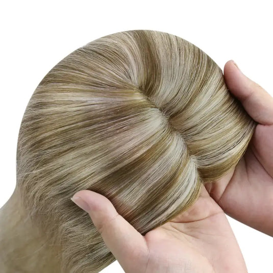 Blonde human hair topper with clips, best topper hair piece for women with thinning crown or hair loss