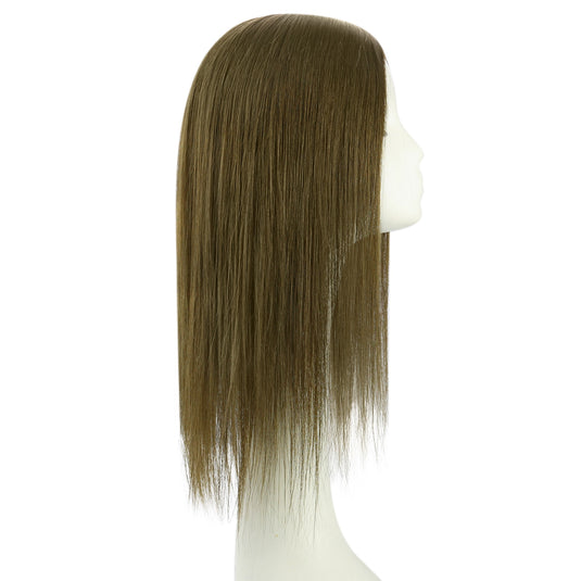 Brown hair topper on a mannequin head against a white background