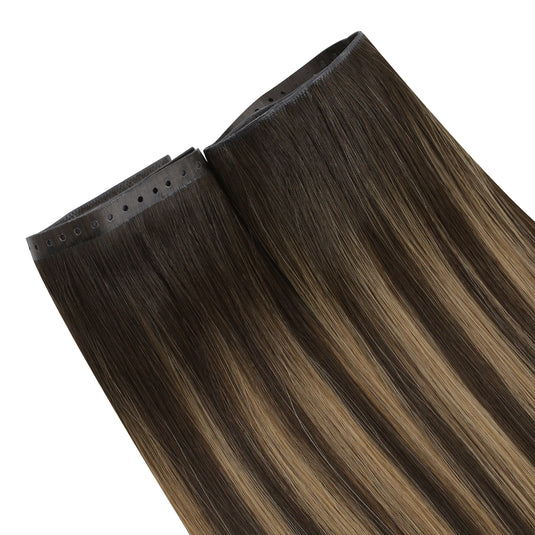 Balayage brown butterfly weft hair extension on a white background