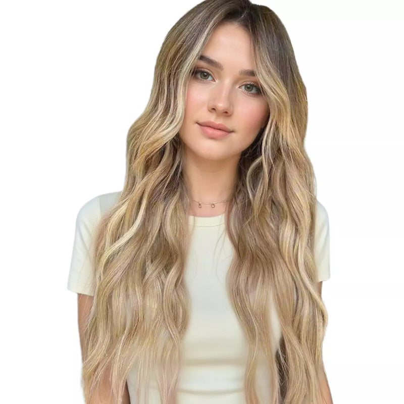 Load image into Gallery viewer, Model wearing long wavy balayage human hair butterfly weft extensions
