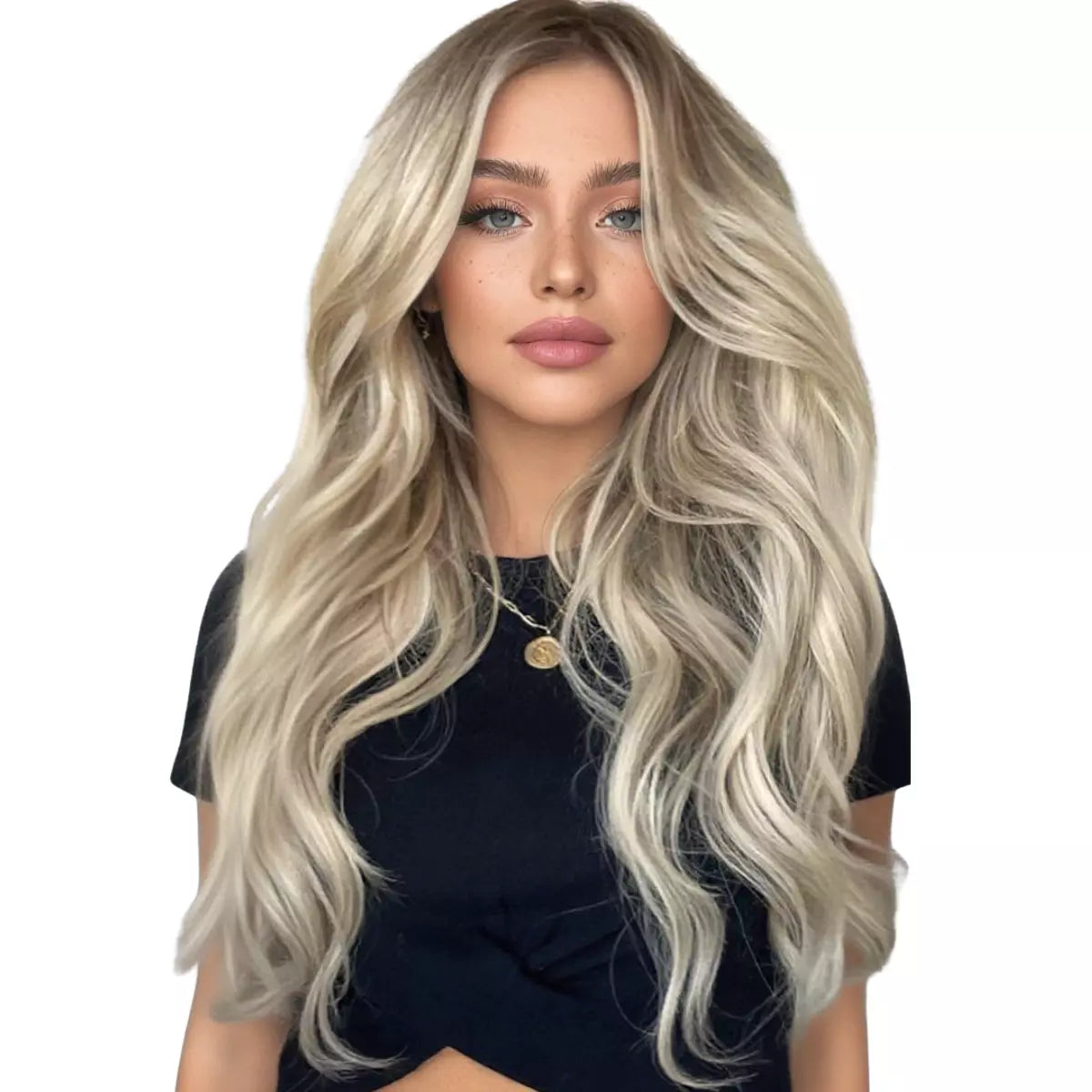 Model wearing long wavy ombre blonde human hair butterfly weft extensions