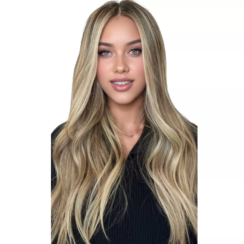 Load image into Gallery viewer, Model wearing long wavy ombre blonde human hair butterfly weft extensions

