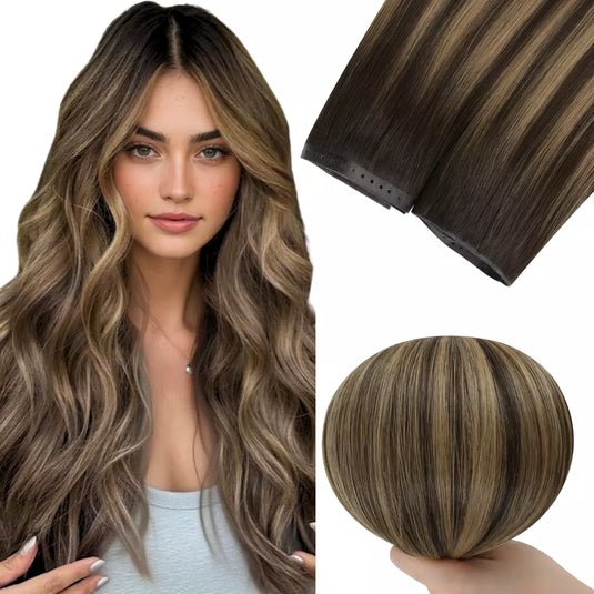 Woman with long wavy hair and close-up of butterfly hair extensions on a white background