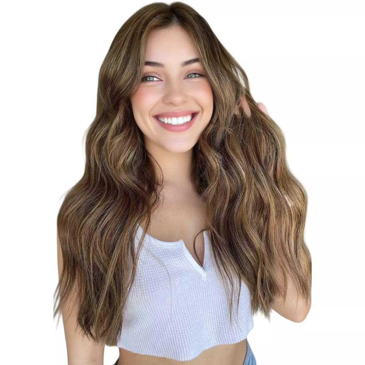 Model wearing long wavy ombre brown human hair butterfly weft extensions