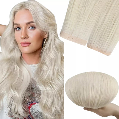 Woman with long blonde hair next to hair extensions on a white background