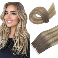Woman with long wavy hair next to a hair extension on a white background