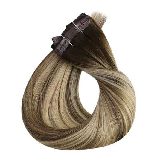 Clip in Virgin Human Hair Extensions High Quality Balayage Brown #4/8/4/22/800