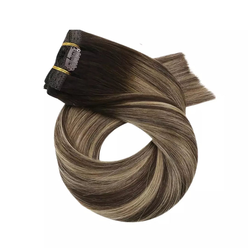 Load image into Gallery viewer, 20 inch balayage brown clip in human extensions straight clip in extension real human clip in hair
