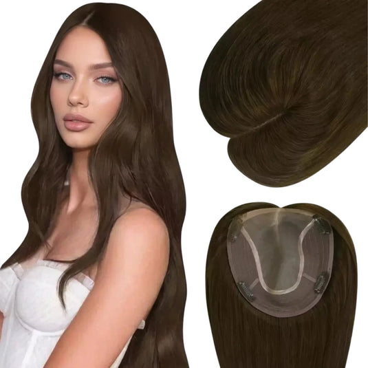 Woman with long brown hair and close-up of hair topper on a white background