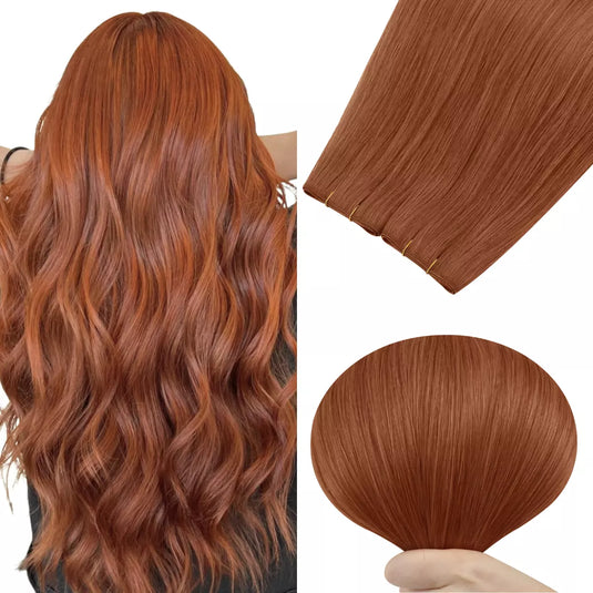 Woman with long wavy hair next to hair extensions on a white background