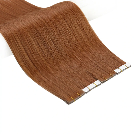 Moresoo red copper balayage tape-ins, 16-inch extensions, invisible tape-in extensions, high-quality copper red highlights, seamless balayage, luxurious copper to brown blend, long-lasting adhesive, premium ombre hair, natural transitions, salon-quality extensions