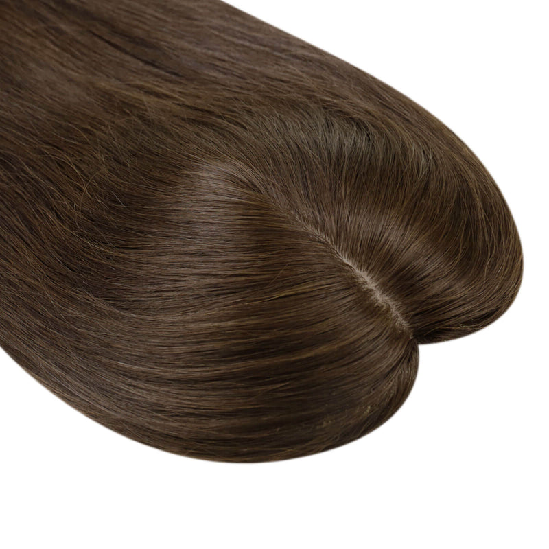 Load image into Gallery viewer, A close-up of a hair topper section with straight dark brown color, on a plain white background.

