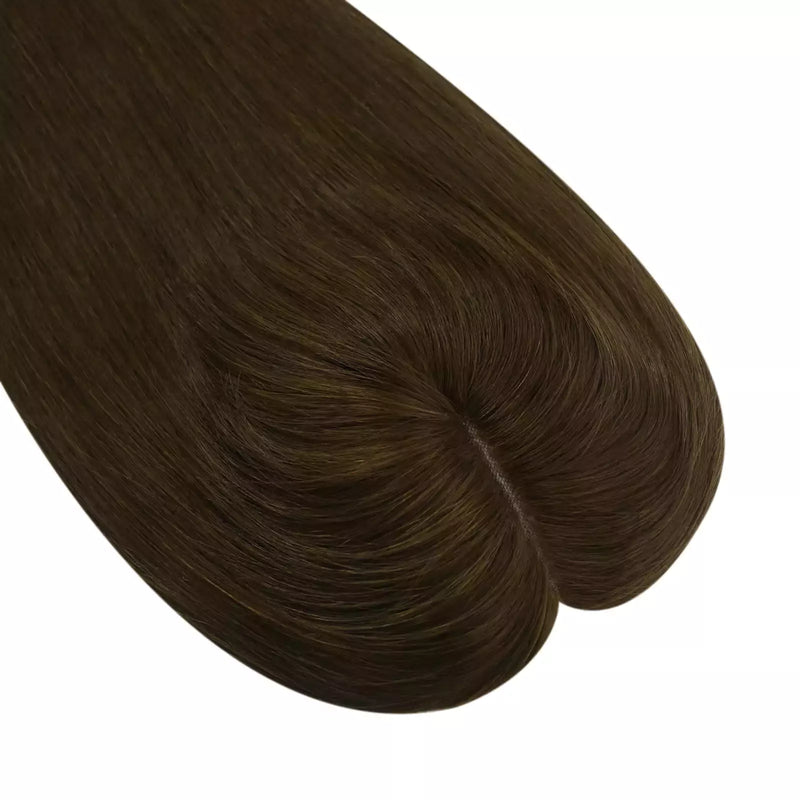 Load image into Gallery viewer, A close-up of a topper section with straight, glossy strands in dark brown, isolated on a white background.
