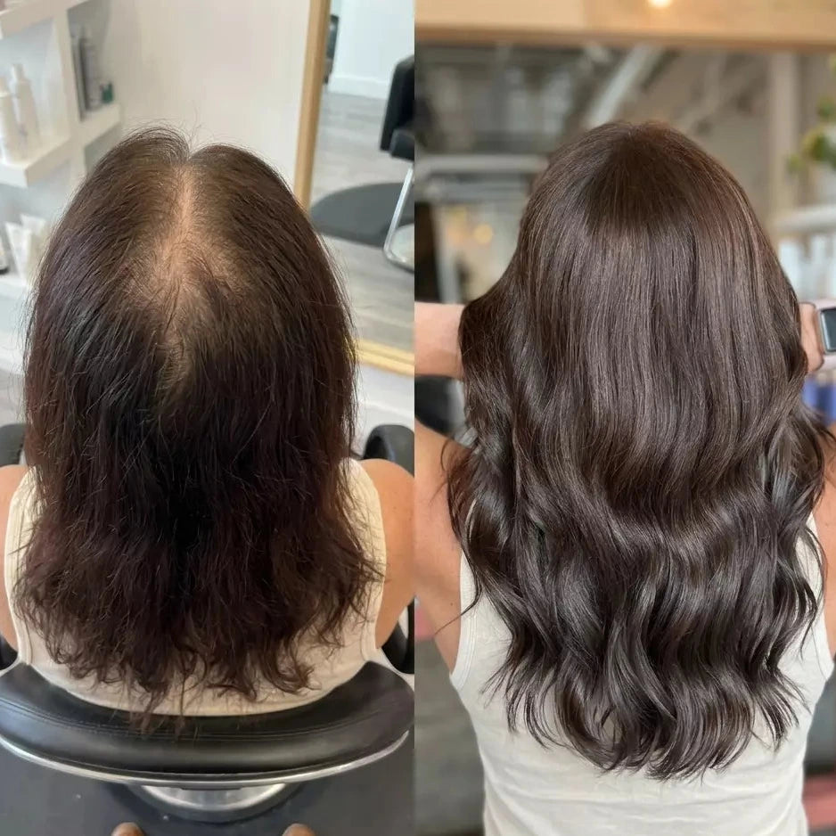 Before and after comparison of hair transformation in a salon setting.