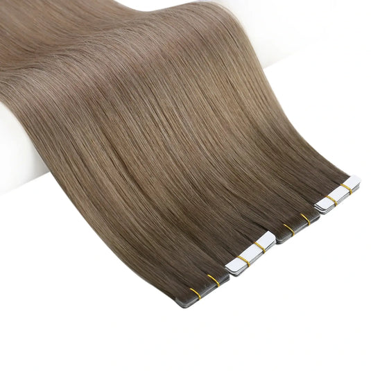 Moresoo dark brown to light brown balayage hair, 14-inch tape-in extensions, seamless light brown transitions, high-quality dark brown blend, invisible tape-ins for natural look, smooth ombre highlights, premium balayage extensions, salon-quality dark to light brown ombre, long-lasting adhesive, luxurious brown blend