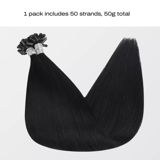 Keratin tip hair extensions on a white background, labeled '1 pack includes 50 strands, 50g total'.