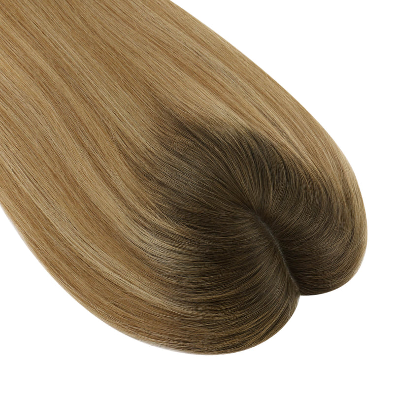 Load image into Gallery viewer, A close-up of a hair topper section showing a blended light brown to dark brown ombre transition on a plain white background.
