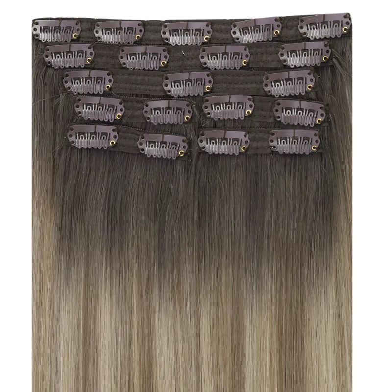 Load image into Gallery viewer, full head clip in virgin hair extensions balayage color
