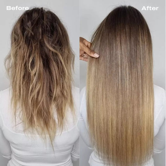 Before and after comparison showing the results of applying hair extensions, with smoother, straighter hair and added length and volume.