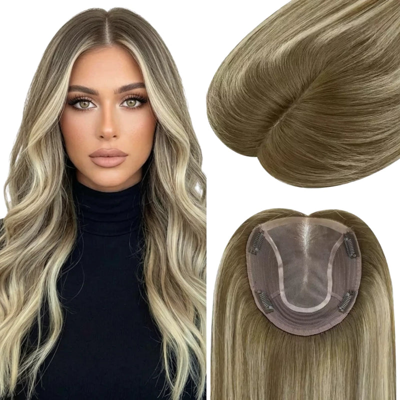 Load image into Gallery viewer, Woman with long blonde hair and close-up of hair toppers on a white background
