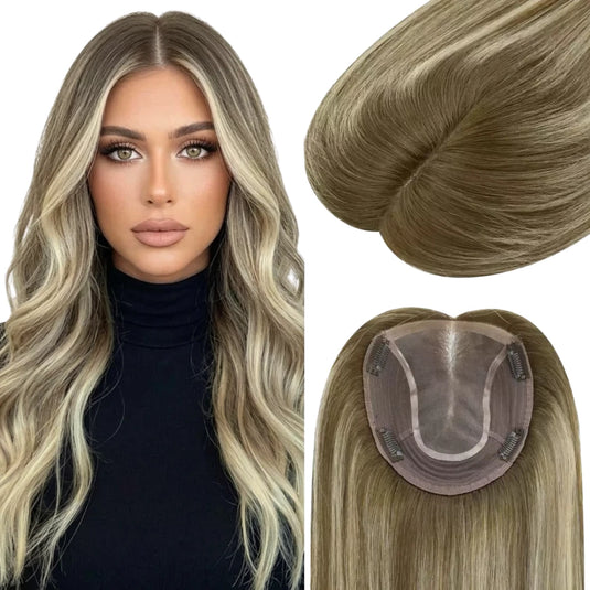 Woman with long blonde hair and close-up of hair toppers on a white background