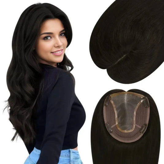 A hairpiece extension shown on a model with long wavy blonde-brown hair, alongside close-up views of the hair texture and the underside with attachment clips. 