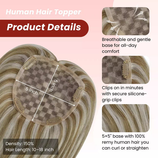 Human hair topper for thinning hair with brown and blonde highlights, female hair topper P8/60