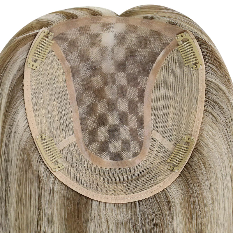 Load image into Gallery viewer, A close-up of a hairpiece with long straight light blonde hair and a beige mesh attachment center, shown against a plain white background.
