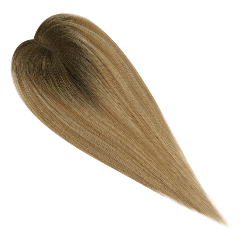 Load image into Gallery viewer, A heart-shaped hair swatch showing a blend of light brown and blonde highlights on straight, 100% human hair, isolated on a white background.
