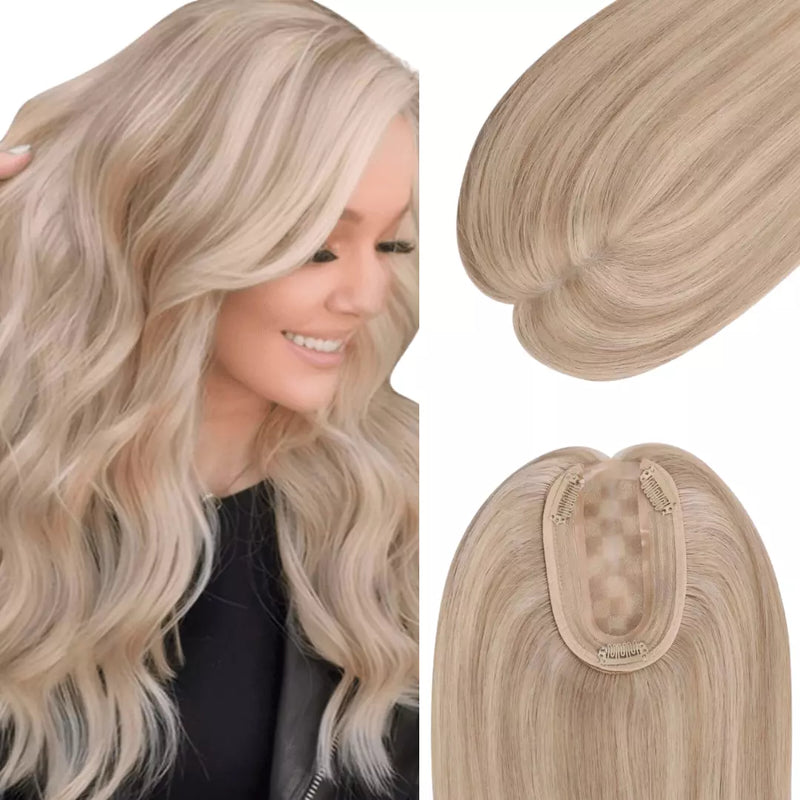 Load image into Gallery viewer, Blonde highlights hair topper shown on a model and close-up on a white background
