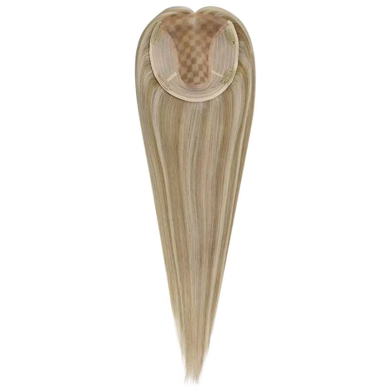 Load image into Gallery viewer, A long hair piece with a heart-shaped top and a tapered bottom, shown against a plain white background. The hair features a blend of light brown and blonde tones.
