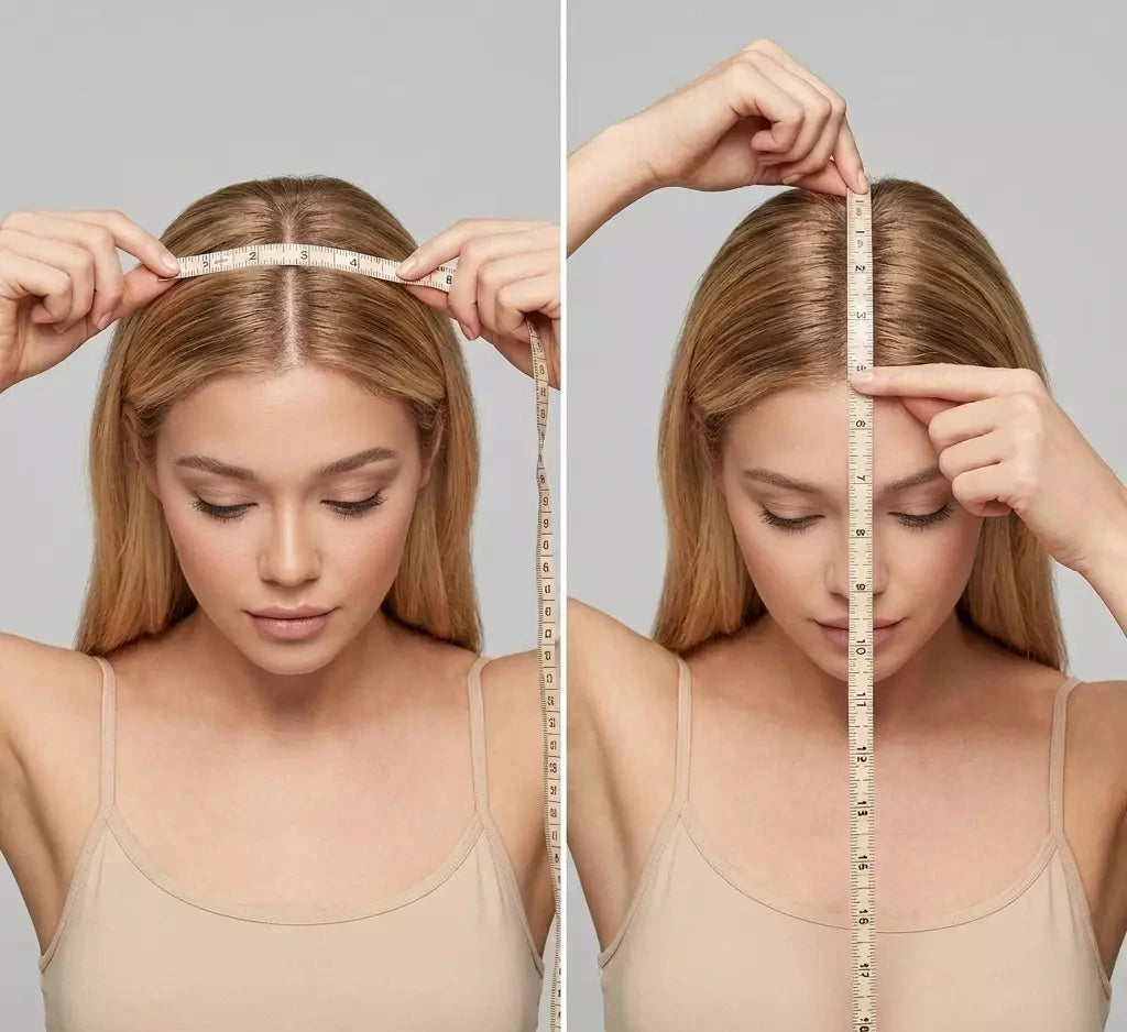 Woman measuring her head with a tape measure on a gray background